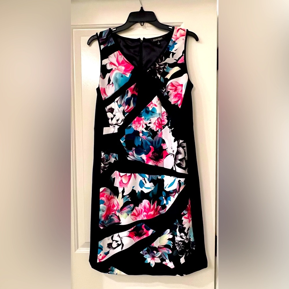 Black with floral dress, just above knee length